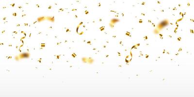 Golden confetti and zigzag ribbon falling from above streamer, tinsel vector