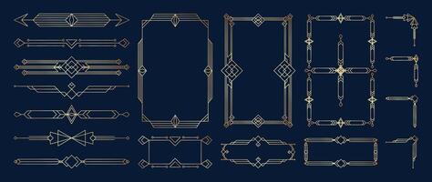Collection of geometric art deco ornament. Luxury golden decorative element with different line, frame, headers, dividers, borders, gatsby. Set of elegant design suitable for card, invitation, poster. vector