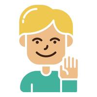 cute boy character left hands up with flat icon design, , and illustration vector