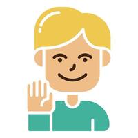 cute boy character right hands up with flat icon design, , and illustration vector
