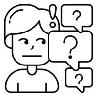 cute boy character confused when got many question with outline icon design, and illustration vector