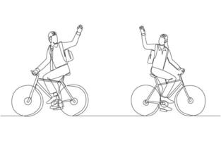 Continuous one line drawing of two employees riding bicycles and waving goodbye to each other after work, cycling to work eco friendly commuting concept, single line art. vector