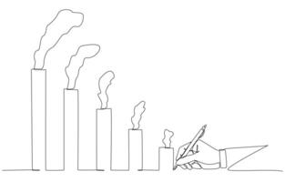 Continuous one line drawing of businessman's hand writing graph of smoke pollution in downtrend, plan to reduce greenhouse gas emission concept, single line art. vector