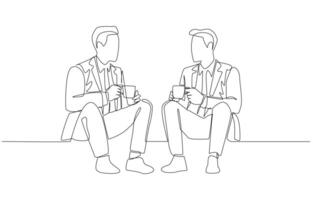 Continuous one line drawing of two businessmen chatting amicably during a coffee break, rest break at work concept, single line art. vector