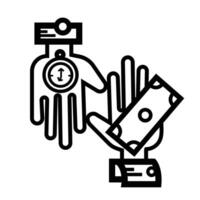 Time equals money. Hands, clock, and money icon illustration isolated on square white background. Simple flat outlined cartoon art styled drawing. vector