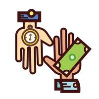 Time equals money. Hands, clock, and money colorful icon illustration isolated on square white background. Simple flat outlined cartoon art styled drawing. vector