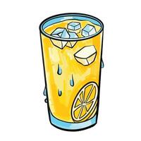 Cold lemon juice. Iced lemonade beverage illustration isolated on square white background. Colorful illustration with cartoon art styled drawing. vector