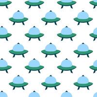 Alien spaceship, spacecrafts and UFO Seamless Pattern. Cosmic ship in form saucer for transportation. Children design. cartoon flat illustration. vector