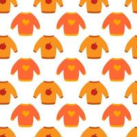 Seamless pattern. Autumn sweater with apple and heart design. Cozy fall background. flat illustration. vector