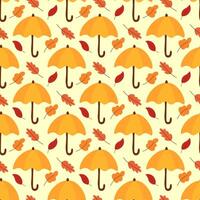 Autumn seamless pattern with umbrellas and leaves. Print for paper, textile and fabric. Cozy fall background. Hand drawn flat illustration. vector