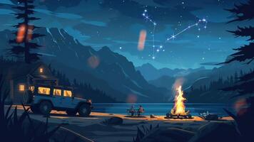 A serene night scene with a cozy cabin, a vehicle, and a campfire by a lake, all set against a backdrop of majestic mountains under a starry sky. video