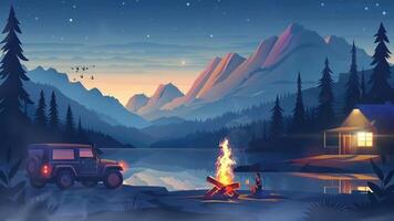 A serene night scene with a cozy cabin, a vehicle, and a campfire by a lake, all set against a backdrop of majestic mountains under a starry sky. video