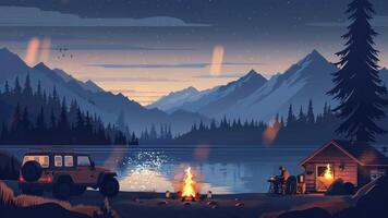 A serene night scene with a cozy cabin, a vehicle, and a campfire by a lake, all set against a backdrop of majestic mountains under a starry sky. video