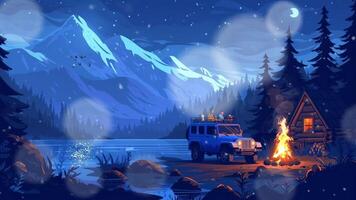 A serene night scene with a cozy cabin, a vehicle, and a campfire by a lake, all set against a backdrop of majestic mountains under a starry sky. video