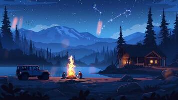 A serene night scene with a cozy cabin, a vehicle, and a campfire by a lake, all set against a backdrop of majestic mountains under a starry sky. video