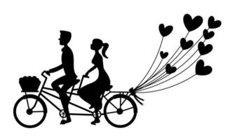 Wedding couple riding bicycle, Just married couple bride and groom riding tandem bicycle silhouette vector