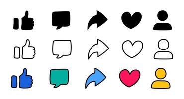 Thumbs up and heart, share, comment, user icons hand drawn vector