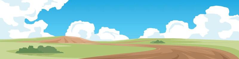 Horizontal view of dirt road that leads straight ahead along a hilly path. Vast grasslands and high and low hills. Under white clouds and blue sky. vector