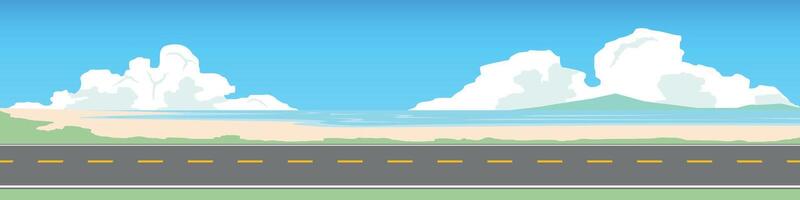 Horizontal and Landscape view of asphalt road with sea beach. Empty road and meadow on sand beach. background of island under white clouds and blue sky. vector