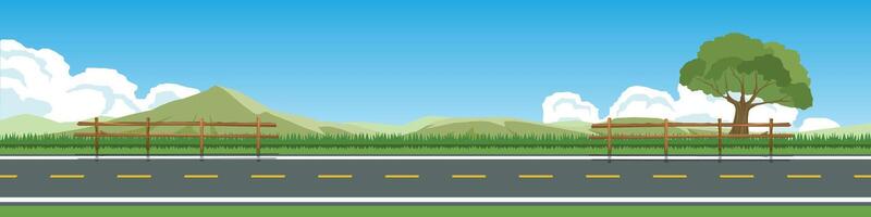 Horizontal view of Asphalt road. Banner background of green grass with Wooden fence. Hills with mountain under the white clouds and blue sky. vector