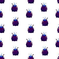 Cauldron with blue potion seamless pattern. Halloween background, backdrop, wallpaper vector