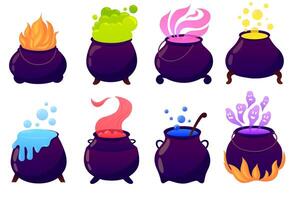 Cauldrons set of illustrations. Witch collection of Halloween kettle with potions. Witchcraft vector