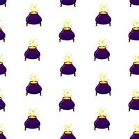Cauldron with yellow potion seamless pattern. Halloween background, backdrop, wallpaper vector