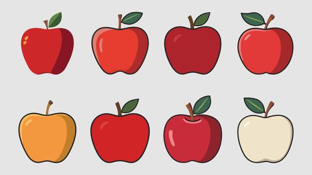 conjunto de manzana con hojas ilustración, diferente colores, aislado en blanco antecedentes vector