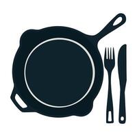 a black skillet with a fork and knife on a white background vector