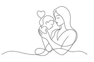 Caring woman embraces a baby while holding a heart, symbolizing affection and maternal love One line continuous line art illustration on white background. vector