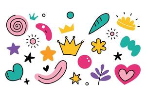 A vibrant collection of doodles featuring hearts, stars, and crowns in various colors, showcasing playful creativity illustration set on white background vector