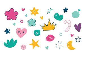 A collection of adorable cartoon icons featuring various playful characters and vibrant colors in a whimsical design illustration set on white background vector