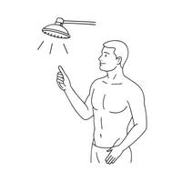 man is using a shower head to wash his body, water cascading down in a refreshing shower experiences line art illustration vector