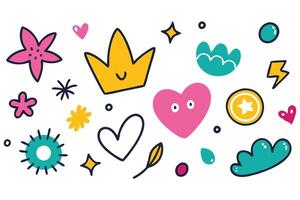 Hand Drawn Charcoal Doodles Playful Girly Shapes and Squiggles with Crowns, Stars, Flowers, Hearts, and Grids on a Bright White Background vector