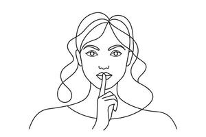 Woman with a playful expression, finger on her lips, signaling for silence or secrecy One line continuous line art illustration on white background. vector