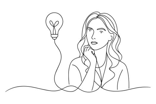 un contemplativo mujer perdido en pensamiento, exudando atención y introspección con un suave resplandor con bulbo uno línea continuo línea Arte ilustración en blanco antecedentes vector