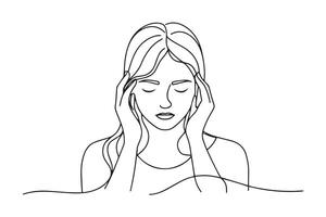 young girl holding his head in pain, depicting the discomfort of a headache with a pained expression One line continuous line art illustration on white background. vector