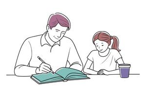 Father and daughter sit together at a table, focused on completing homework with books and papers spread out doodle continuous line art vector