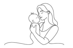 Woman gently cradles a baby in her arms, showcasing a tender moment of care and affection between them One line continuous line art illustration on white background vector
