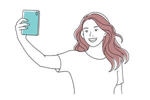 woman smiling as she takes a selfie with her smartphone, capturing a moment of joy and self-expression doodle continuous line art illustration vector