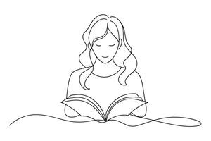 depicts a woman immersed in a book, showcasing her concentration and love for reading One line continuous line art illustration on white background vector