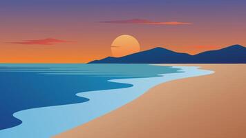 Tranquil beach scene at sunset, showcasing footprints in the sand with water gently washing over them flat illustration. vector