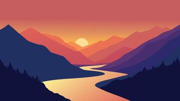 A serene river meanders through a mountain valley, illuminated by the warm hues of a sunset sky flat illustration vector