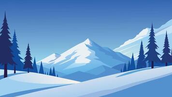 Serene snowy landscape featuring tall trees blanketed in fresh snow, creating a tranquil winter scene flat illustration. vector