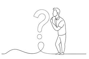 A contemplative man gazes thoughtfully at a large question mark, symbolizing deep reflection and inquiry One line continuous line art illustration on white background. vector
