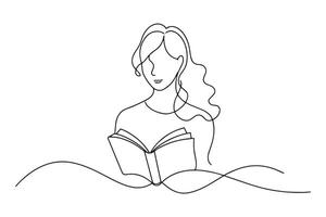 Woman engrossed in reading a book, showcasing her enjoyment and concentration in a whimsical style One line continuous line art illustration on white background vector