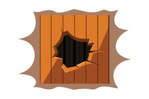 A square wooden wall with a hole in it, revealing a glimpse of the outside world flat illustration on white background vector