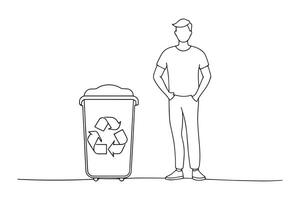 man stands with recycling bin, prominently displaying a sign that reads Recycle for environmental awareness One line continuous line art illustration on white background vector