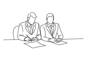 Two business professionals seated at a table, engaged in signing important documents together One line continuous line art illustration on white background vector