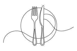Cutlery set with fork and knife on a plate line art illustration. vector